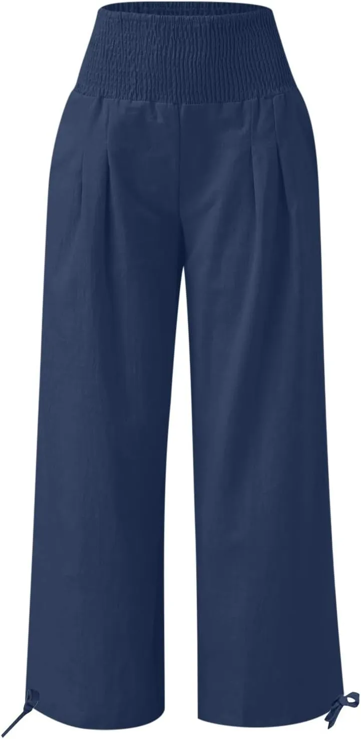 Women Cotton Linen Palazzo Pants Flowy Wide Leg Pants with Pockets Capris Pants Full Length Trousers Baggy Slacks