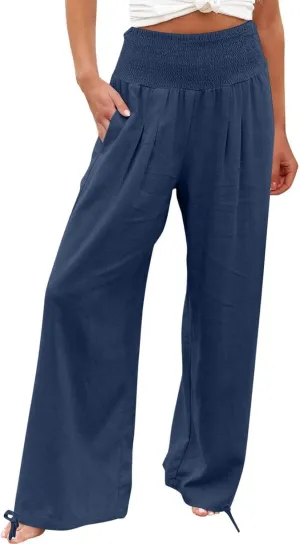 Women Cotton Linen Palazzo Pants Flowy Wide Leg Pants with Pockets Capris Pants Full Length Trousers Baggy Slacks