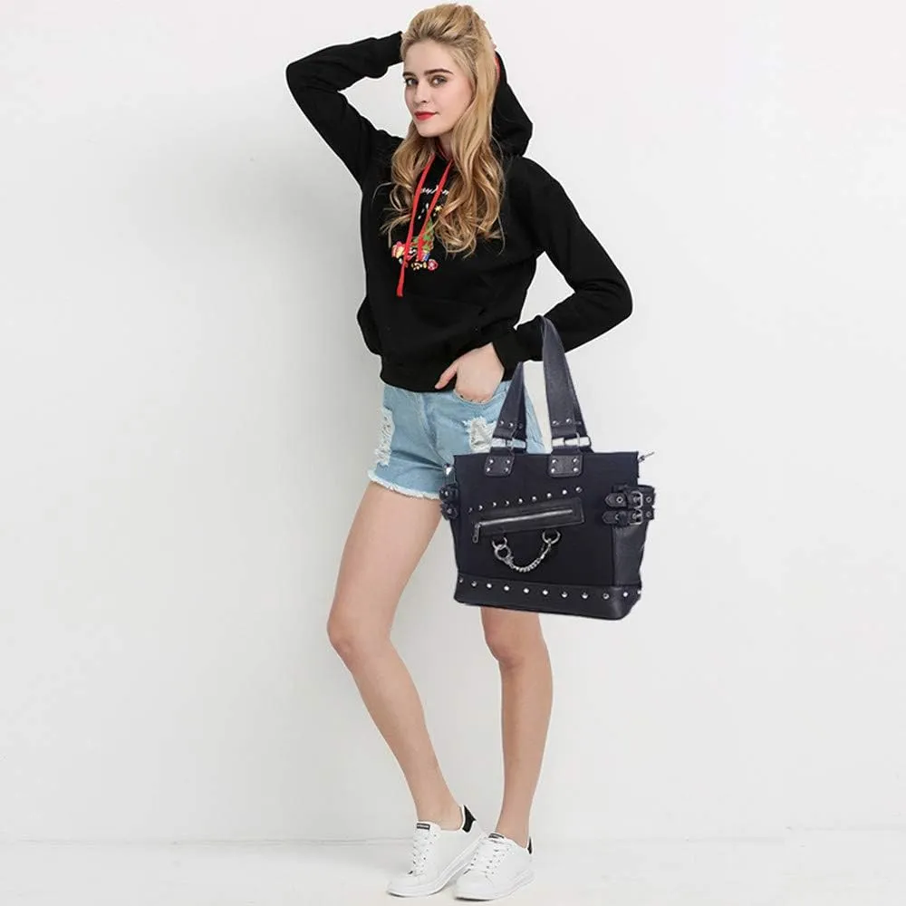 Women Fashion Rivet Handbag Purse Luminous Canvas Punk Tote with Shoulder Strap Crossbody Bag Large Capacity