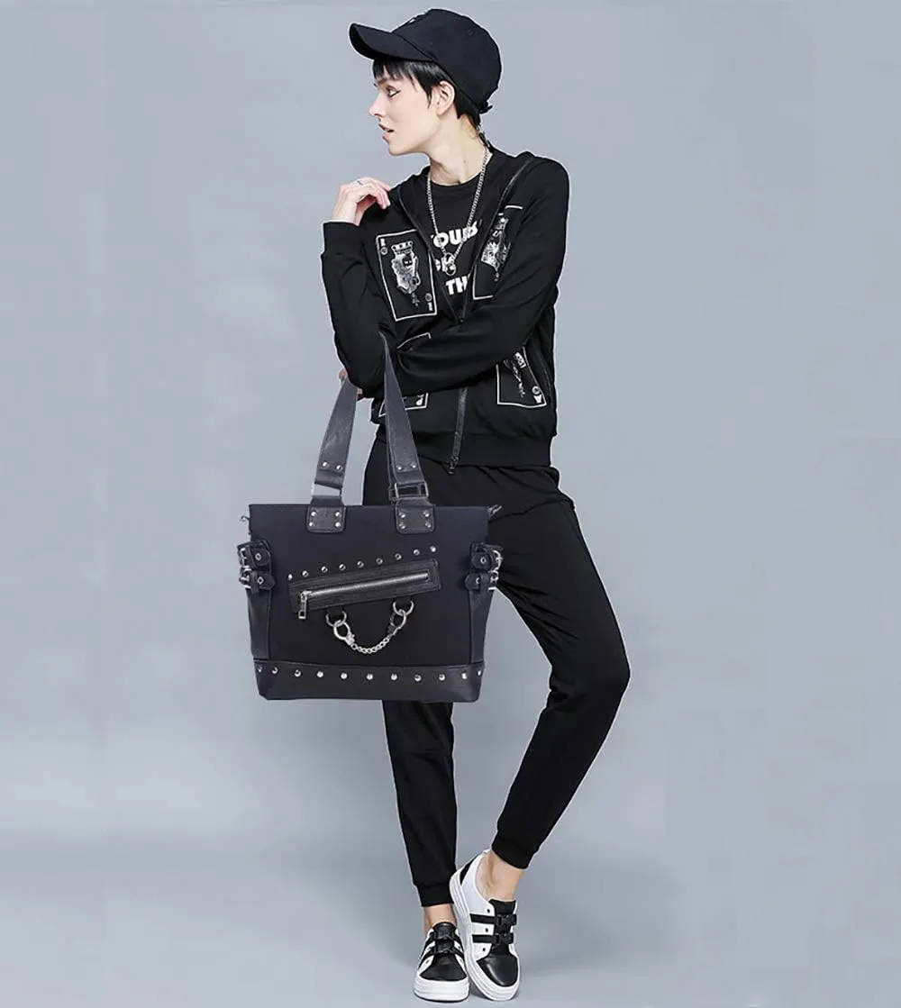 Women Fashion Rivet Handbag Purse Luminous Canvas Punk Tote with Shoulder Strap Crossbody Bag Large Capacity