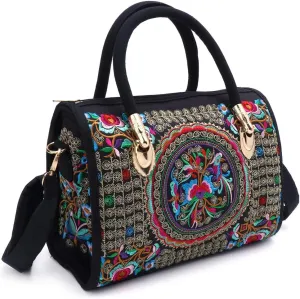 Women Floral Embroidered Handbag Ethnic Canvas Shopping Zipper Bag