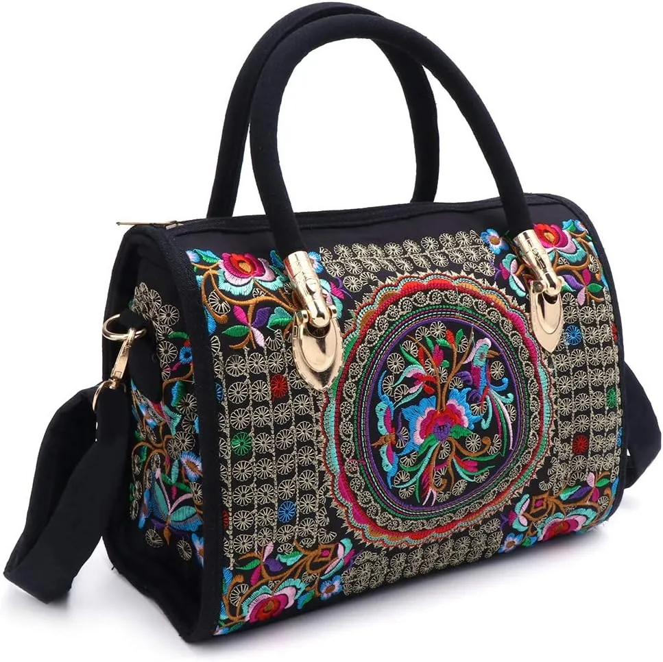Women Floral Embroidered Handbag Ethnic Canvas Shopping Zipper Bag