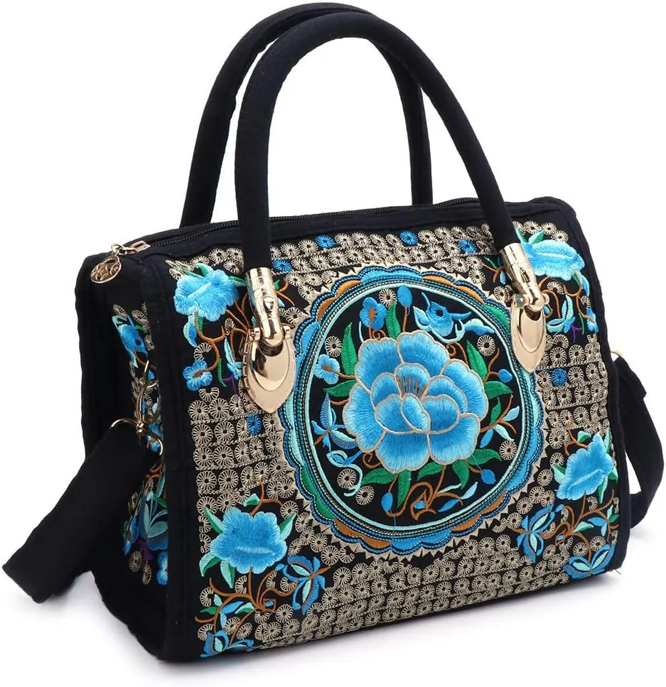 Women Floral Embroidered Handbag Ethnic Canvas Shopping Zipper Bag