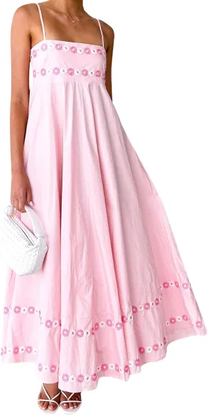 Women Floral Embroidered Maxi Dress Spaghetti Strap Smocked Maxi Dress A Line Flowy Swing Long Dress