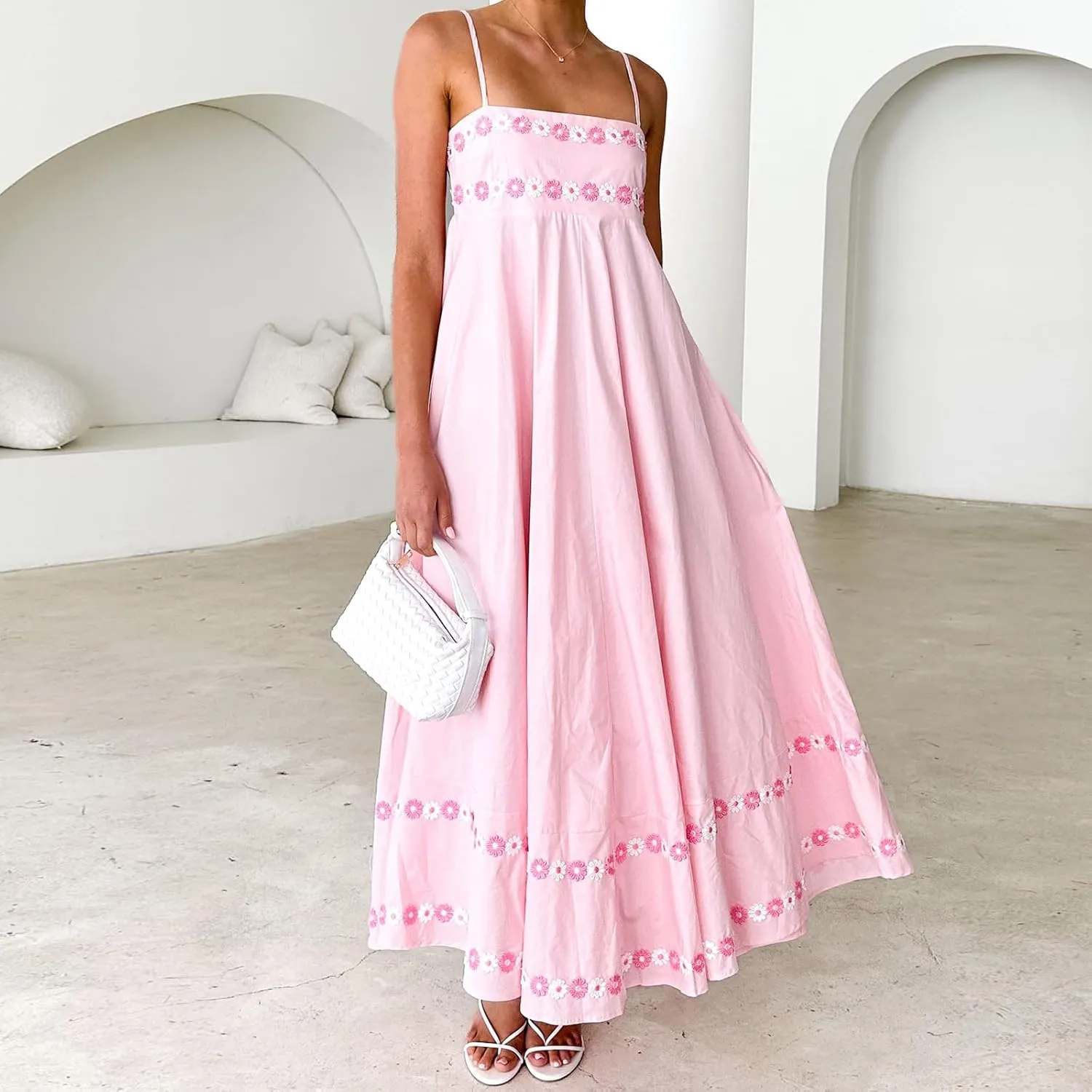 Women Floral Embroidered Maxi Dress Spaghetti Strap Smocked Maxi Dress A Line Flowy Swing Long Dress