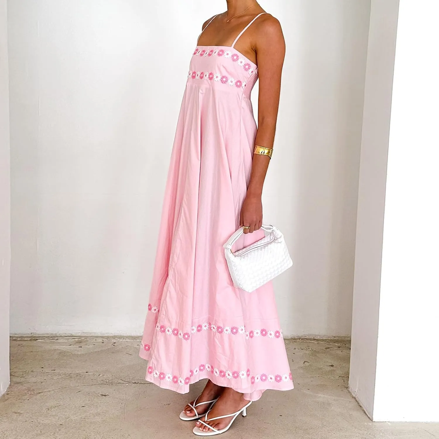 Women Floral Embroidered Maxi Dress Spaghetti Strap Smocked Maxi Dress A Line Flowy Swing Long Dress