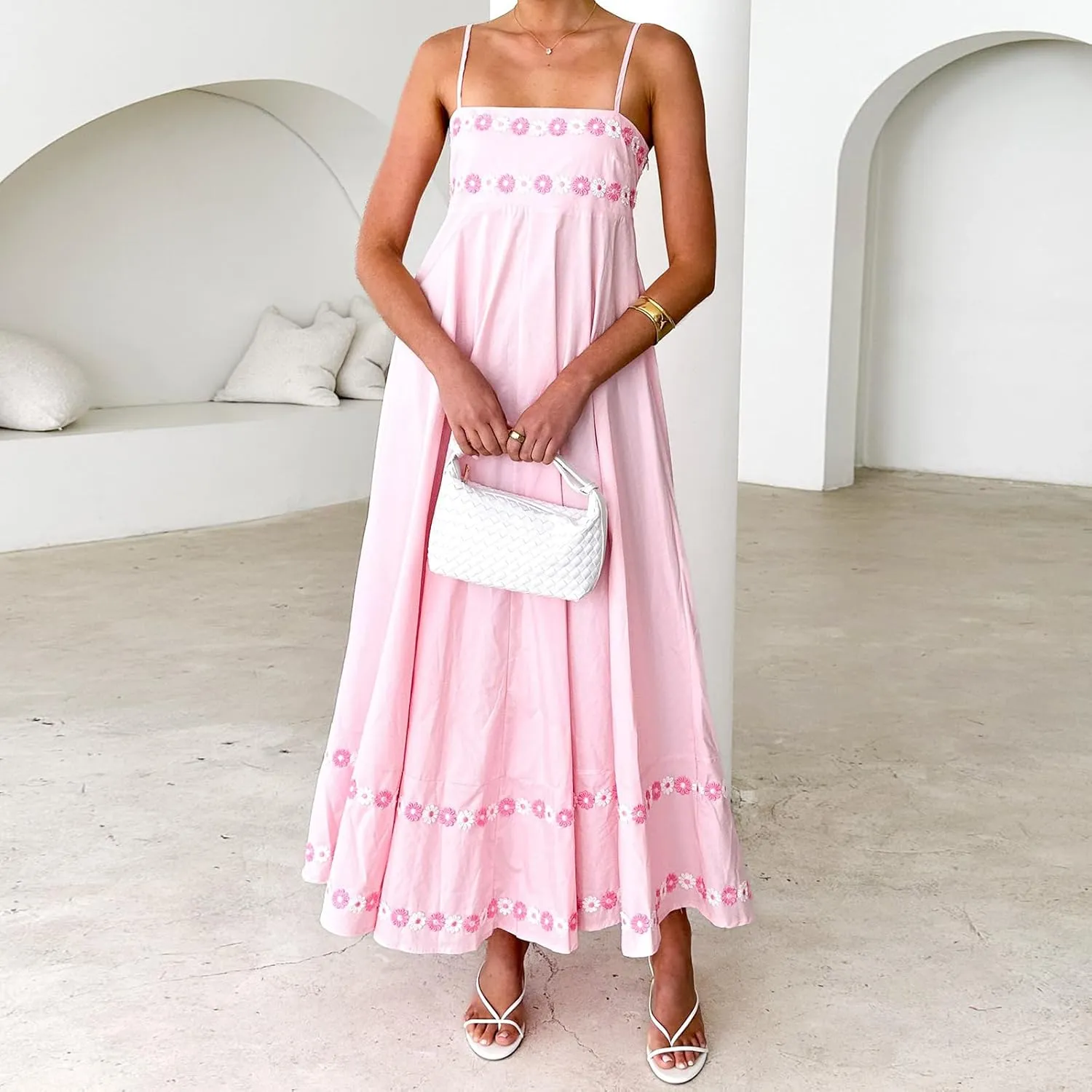 Women Floral Embroidered Maxi Dress Spaghetti Strap Smocked Maxi Dress A Line Flowy Swing Long Dress