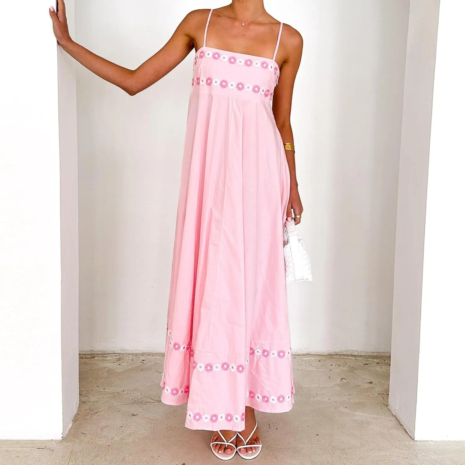 Women Floral Embroidered Maxi Dress Spaghetti Strap Smocked Maxi Dress A Line Flowy Swing Long Dress