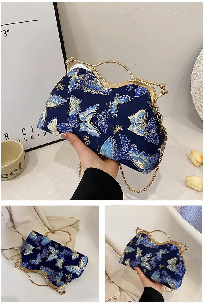 Women Floral Embroidery Evening Clutch Top-Handle Kiss Lock Handbag Chain Wedding Party Formal Bag