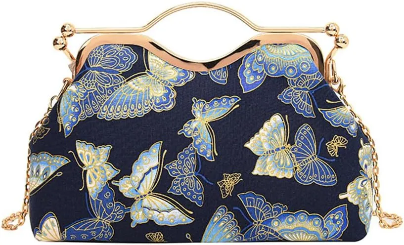 Women Floral Embroidery Evening Clutch Top-Handle Kiss Lock Handbag Chain Wedding Party Formal Bag