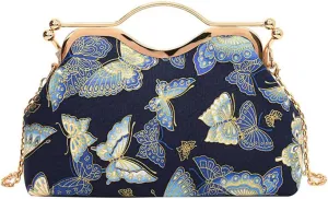 Women Floral Embroidery Evening Clutch Top-Handle Kiss Lock Handbag Chain Wedding Party Formal Bag
