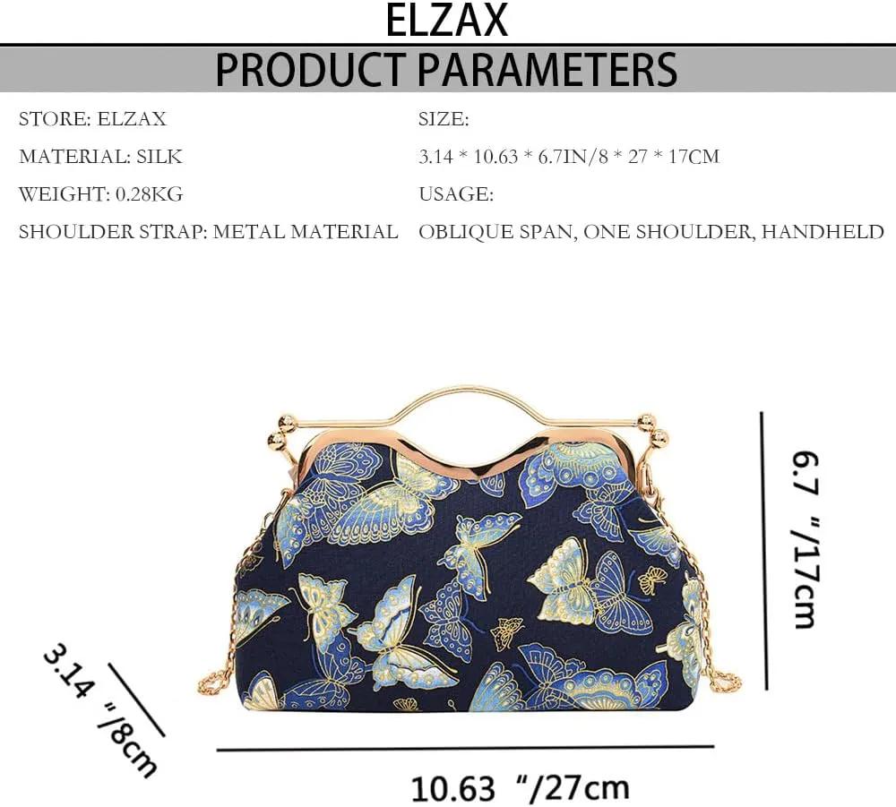 Women Floral Embroidery Evening Clutch Top-Handle Kiss Lock Handbag Chain Wedding Party Formal Bag