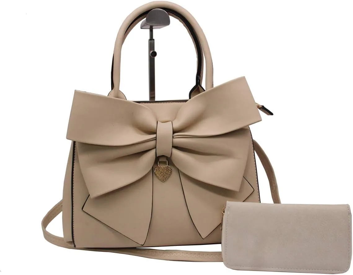 Women Handbag 2 Pcs Set Big Bow-Knot PU Leather Top Handle Bag Designer Tote Bag Clutch Wallet Set for Ladies, Pink