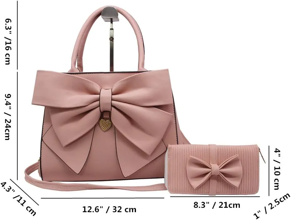 Women Handbag 2 Pcs Set Big Bow-Knot PU Leather Top Handle Bag Designer Tote Bag Clutch Wallet Set for Ladies, Pink