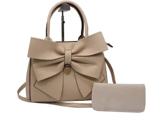 Women Handbag 2 Pcs Set Big Bow-Knot PU Leather Top Handle Bag Designer Tote Bag Clutch Wallet Set for Ladies, Pink