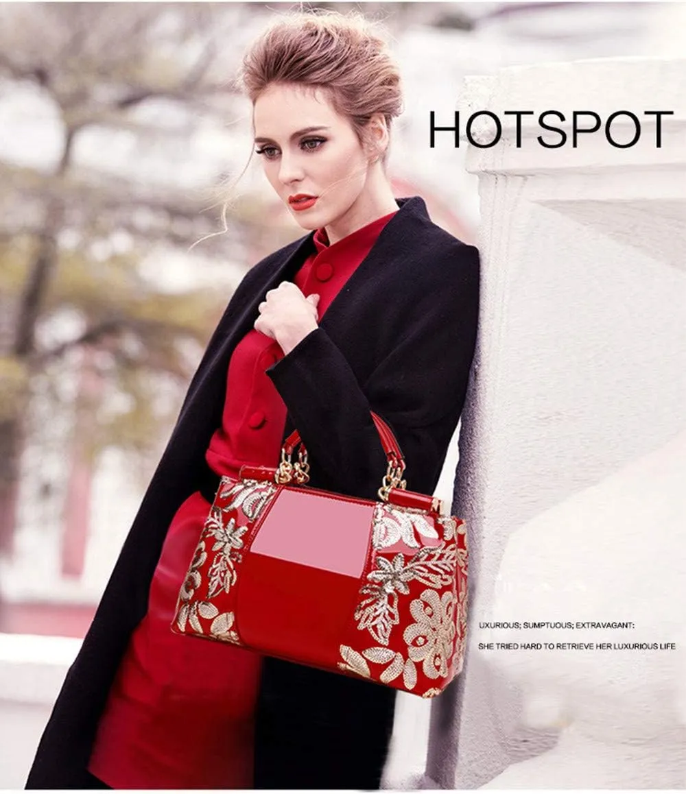 Women Handbag Top Handle Bag, Patent Leather Embroidery Fashion Tote Purse