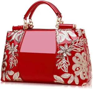 Women Handbag Top Handle Bag, Patent Leather Embroidery Fashion Tote Purse