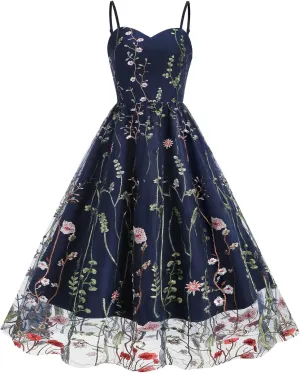 Women Keyhole Floral Embroidery Dress Sheer Mesh Illusion Vintage Cocktail Swing Dress Wedding Party Prom Tulle Evening Dress