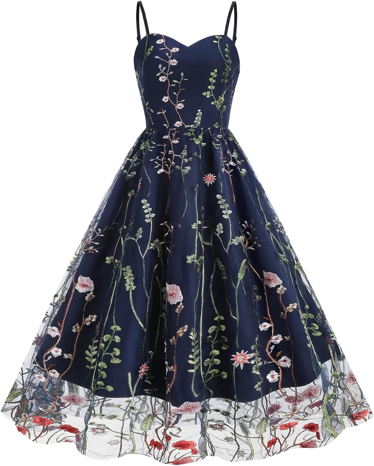 Women Keyhole Floral Embroidery Dress Sheer Mesh Illusion Vintage Cocktail Swing Dress Wedding Party Prom Tulle Evening Dress