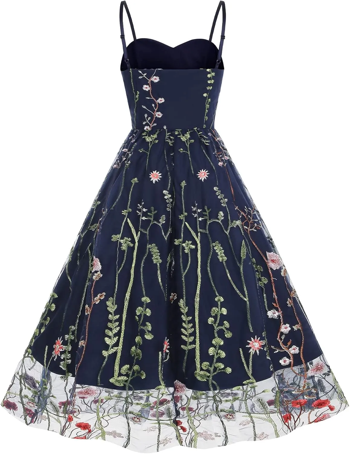 Women Keyhole Floral Embroidery Dress Sheer Mesh Illusion Vintage Cocktail Swing Dress Wedding Party Prom Tulle Evening Dress