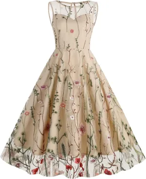 Women Keyhole Floral Embroidery Dress Sheer Mesh Illusion Vintage Cocktail Swing Dress Wedding Party Prom Tulle Evening Dress