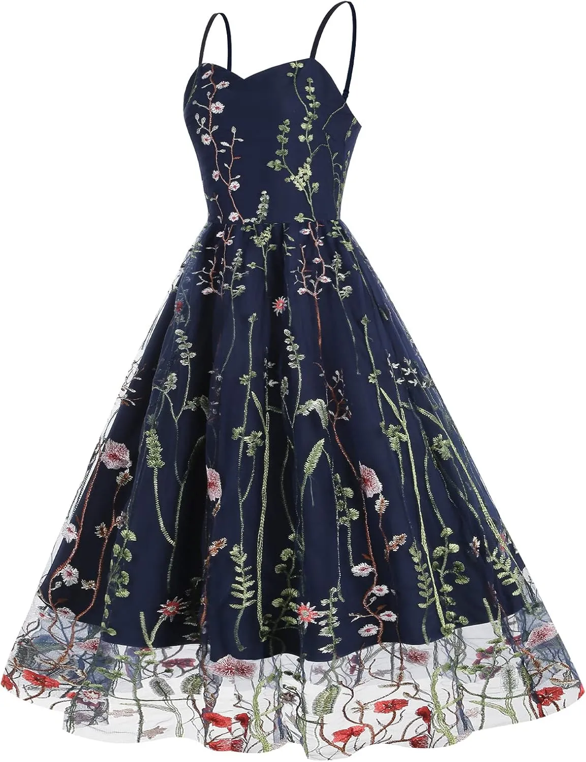 Women Keyhole Floral Embroidery Dress Sheer Mesh Illusion Vintage Cocktail Swing Dress Wedding Party Prom Tulle Evening Dress