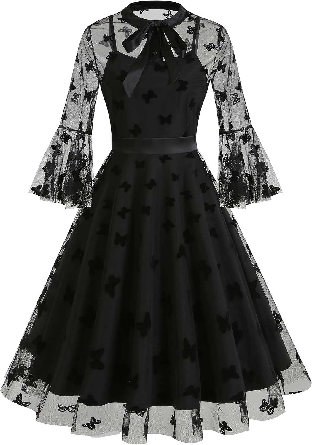 Women Mesh Floral Embroidery Vintage Cocktail Swing Dress Illusion 50s Goth Flared A line Casual Wedding Prom Evening Dress