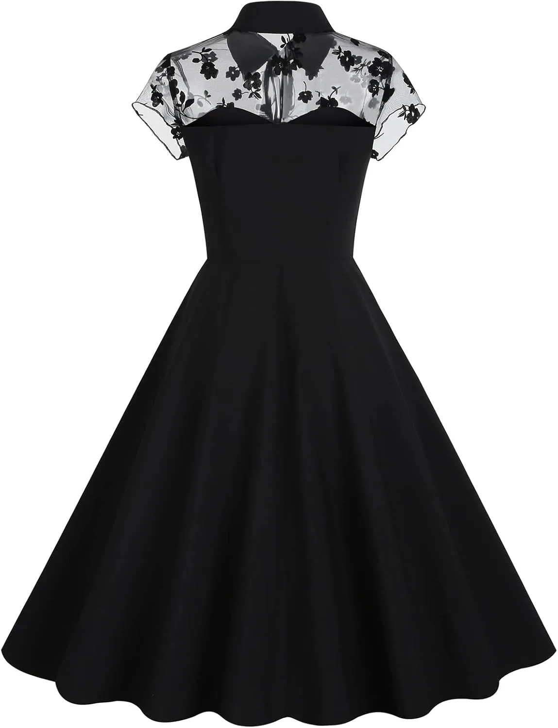 Women Mesh Floral Embroidery Vintage Cocktail Swing Dress Illusion 50s Goth Flared A line Casual Wedding Prom Evening Dress