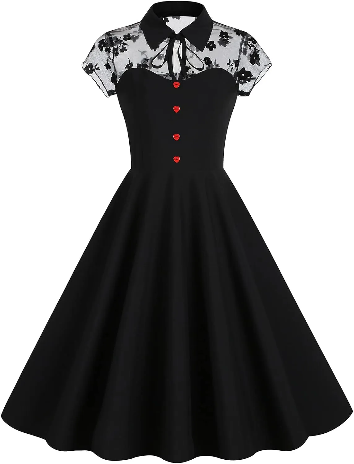 Women Mesh Floral Embroidery Vintage Cocktail Swing Dress Illusion 50s Goth Flared A line Casual Wedding Prom Evening Dress
