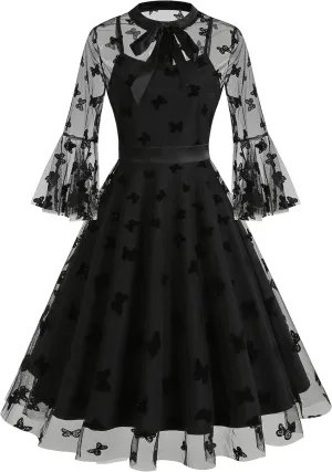 Women Mesh Floral Embroidery Vintage Cocktail Swing Dress Illusion 50s Goth Flared A line Casual Wedding Prom Evening Dress