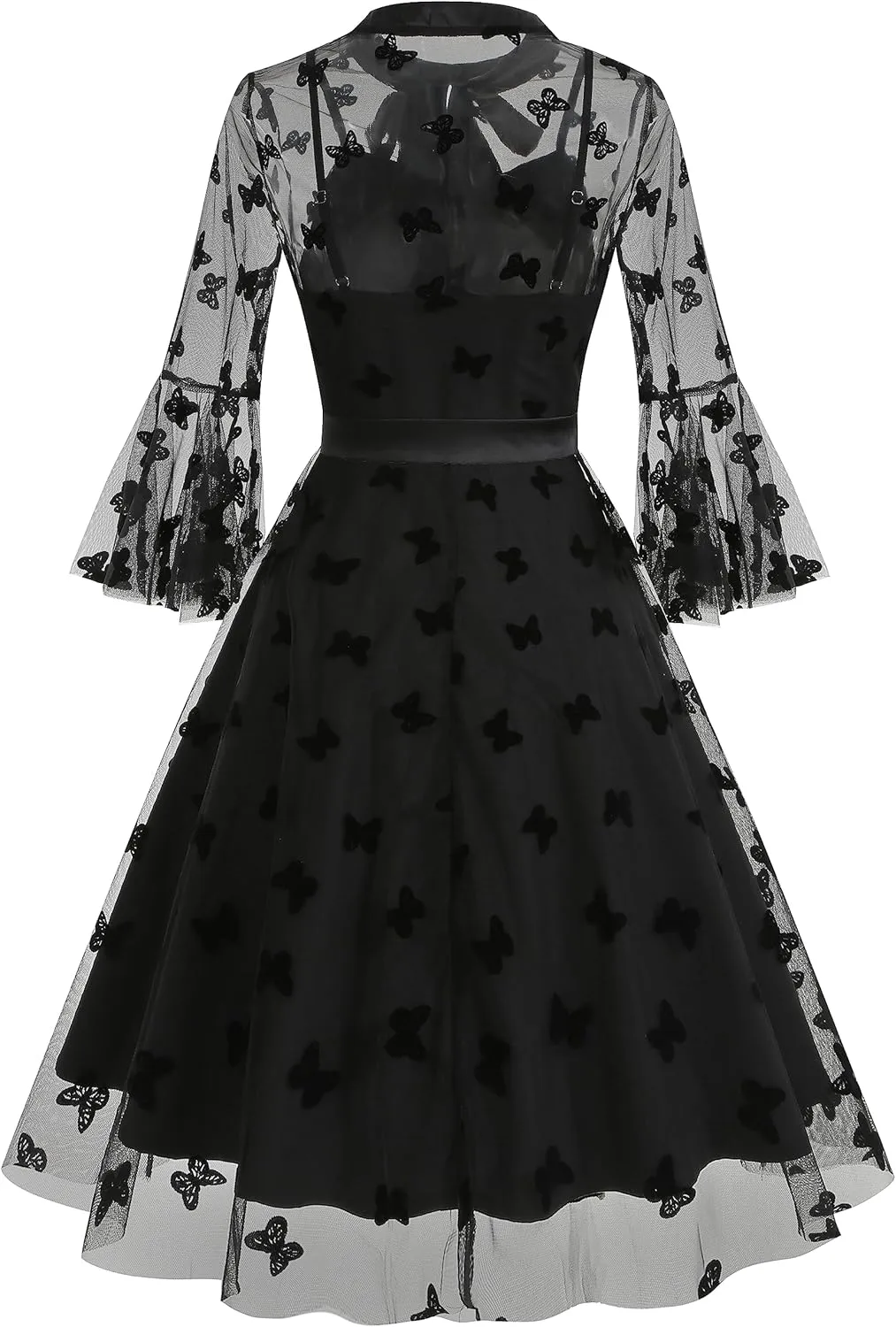 Women Mesh Floral Embroidery Vintage Cocktail Swing Dress Illusion 50s Goth Flared A line Casual Wedding Prom Evening Dress