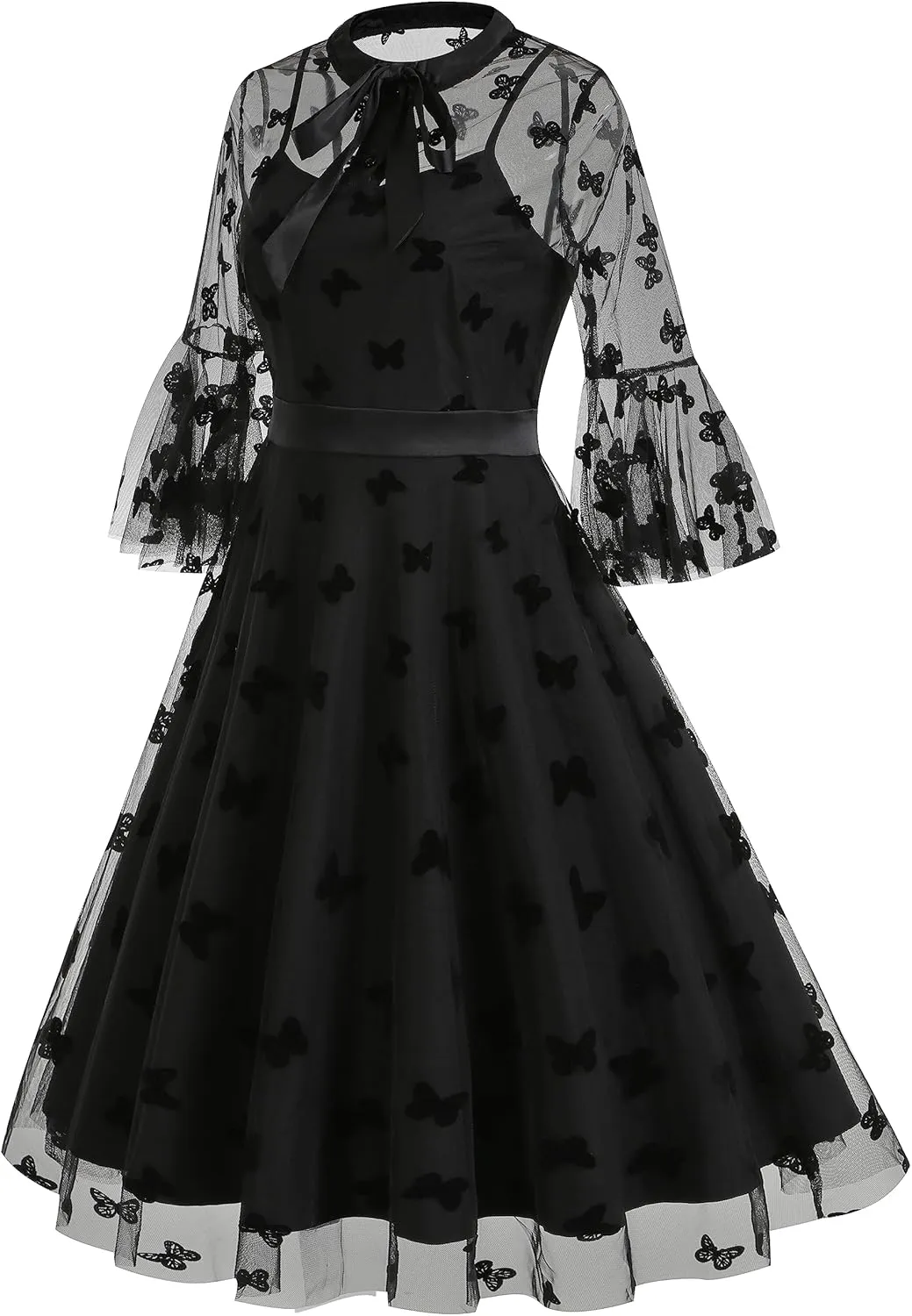Women Mesh Floral Embroidery Vintage Cocktail Swing Dress Illusion 50s Goth Flared A line Casual Wedding Prom Evening Dress