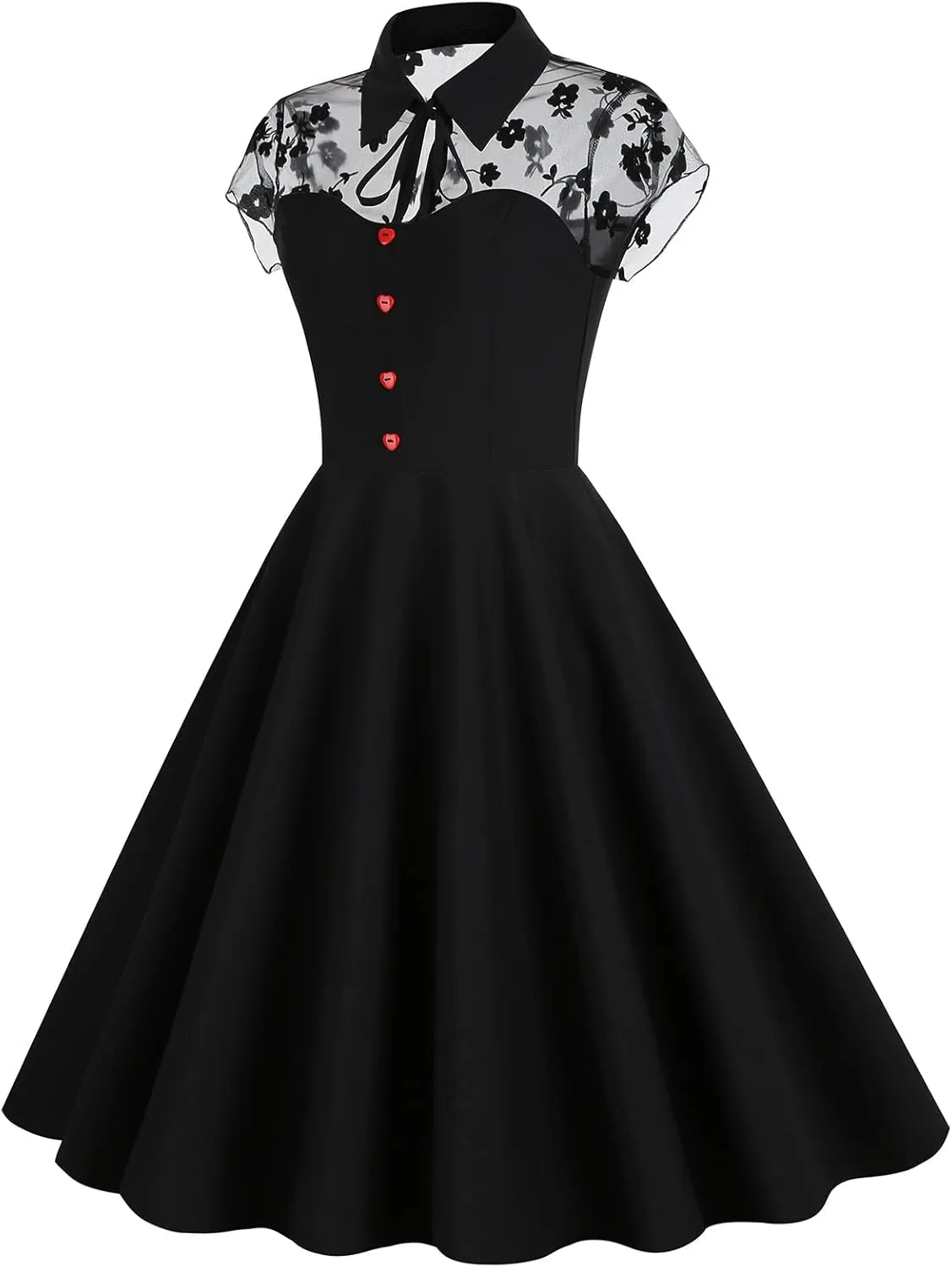 Women Mesh Floral Embroidery Vintage Cocktail Swing Dress Illusion 50s Goth Flared A line Casual Wedding Prom Evening Dress