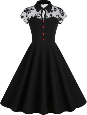 Women Mesh Floral Embroidery Vintage Cocktail Swing Dress Illusion 50s Goth Flared A line Casual Wedding Prom Evening Dress