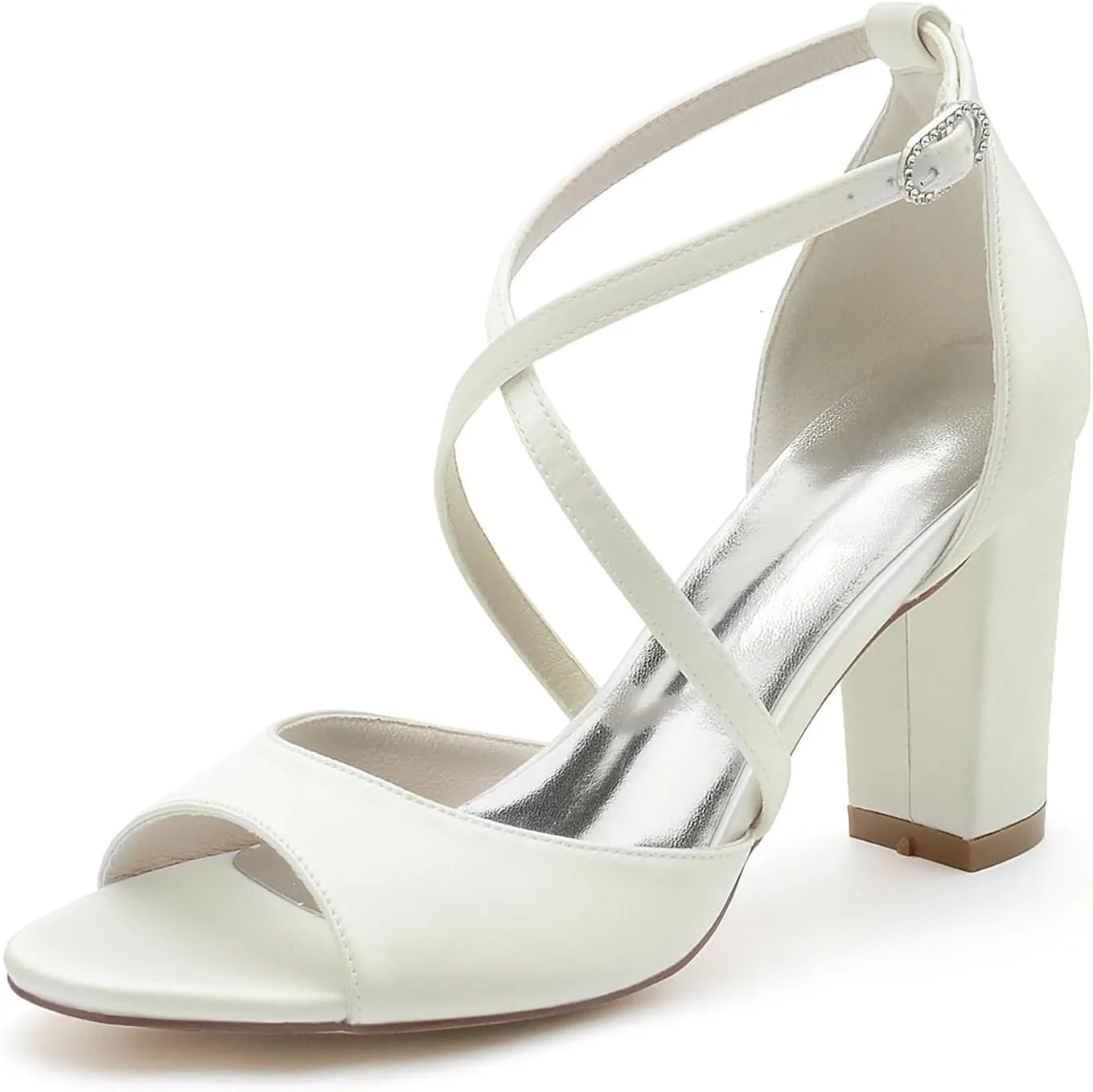 Women Open Toe Chunky Heel Shoes Strappy Wedding Party Bridal Sandals Evening Crisscross Straps High Heels