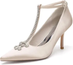 Women Pointed Toe Pumps Shoes Heel Wedding Bridal Shoes T-Strap Dress Party Rhinestone Shoes