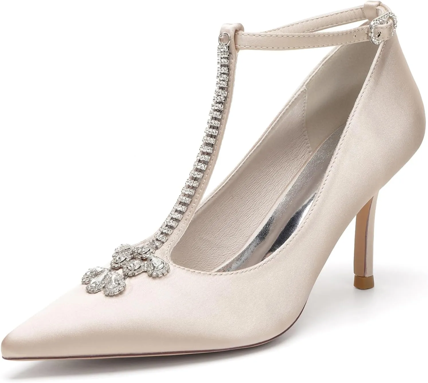 Women Pointed Toe Pumps Shoes Heel Wedding Bridal Shoes T-Strap Dress Party Rhinestone Shoes