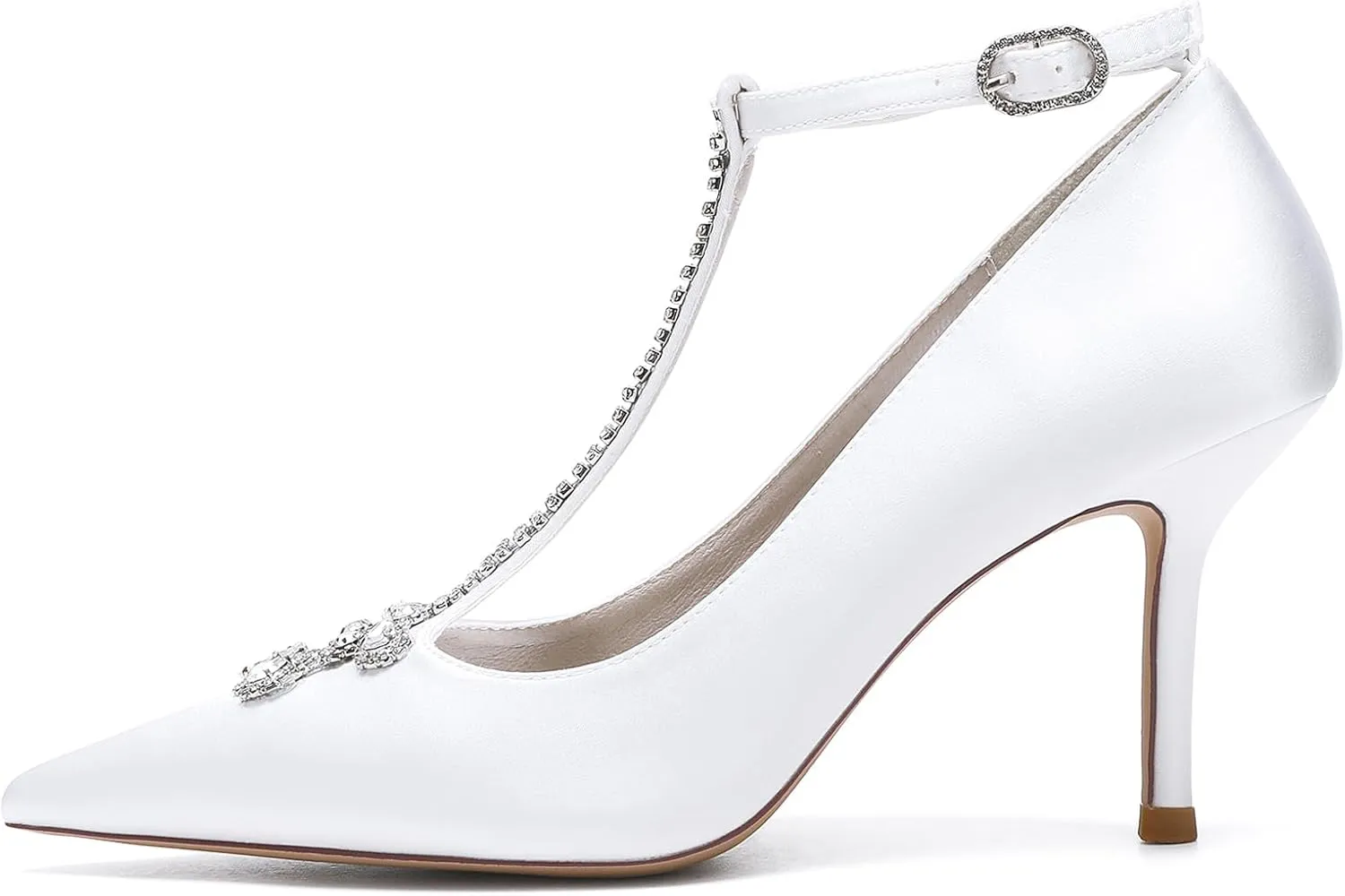Women Pointed Toe Pumps Shoes Heel Wedding Bridal Shoes T-Strap Dress Party Rhinestone Shoes