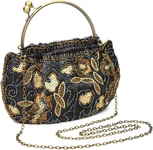 Women Retro Embroidered Evening Clutch Bag Floral Beaded Sequin Vintage Purse Wedding Party Top-handle Handbag Crossbody Bags