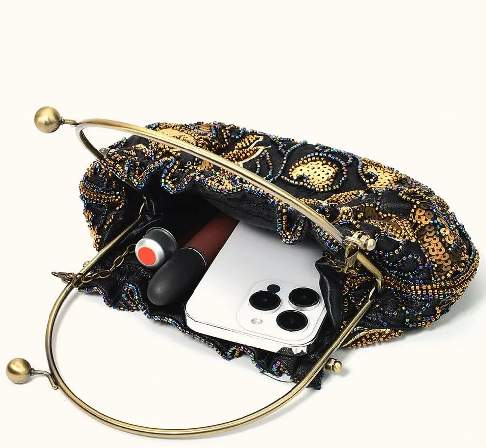 Women Retro Embroidered Evening Clutch Bag Floral Beaded Sequin Vintage Purse Wedding Party Top-handle Handbag Crossbody Bags