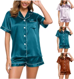 Women Satin Pajama Sets Soft Two Piece Top And Shorts Lounge Wear Set Short Sleeve Button Down Sleepwear Outfits