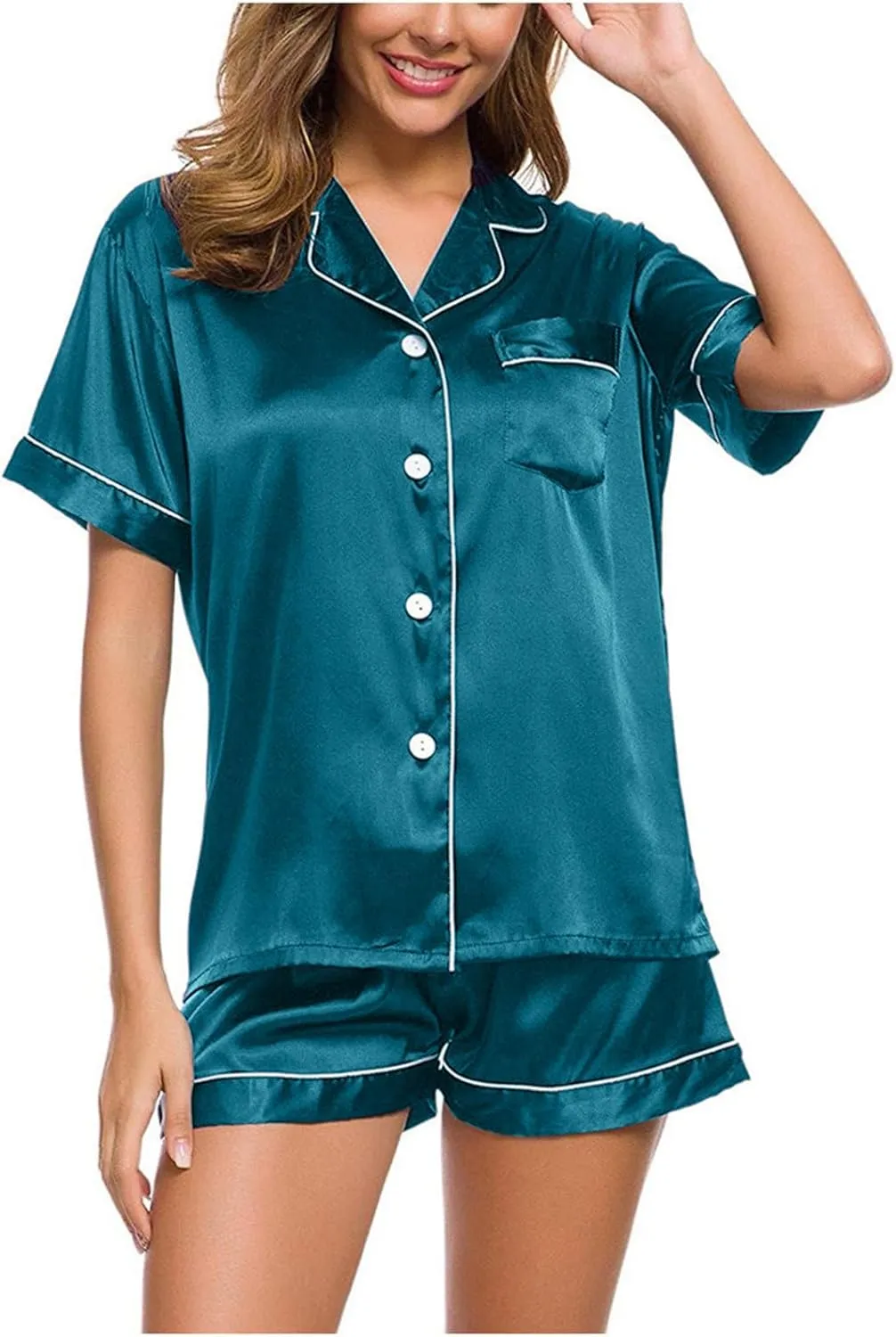 Women Satin Pajama Sets Soft Two Piece Top And Shorts Lounge Wear Set Short Sleeve Button Down Sleepwear Outfits