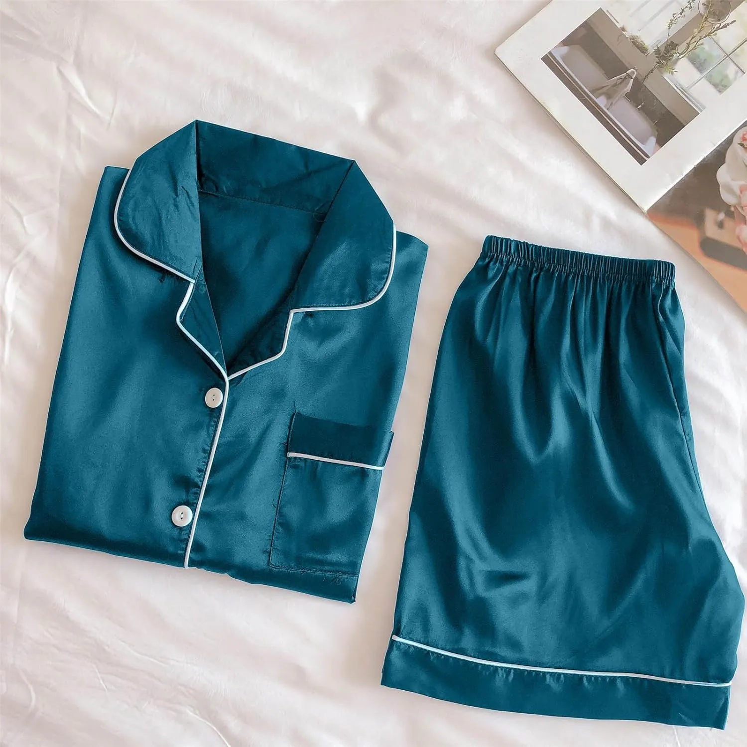 Women Satin Pajama Sets Soft Two Piece Top And Shorts Lounge Wear Set Short Sleeve Button Down Sleepwear Outfits