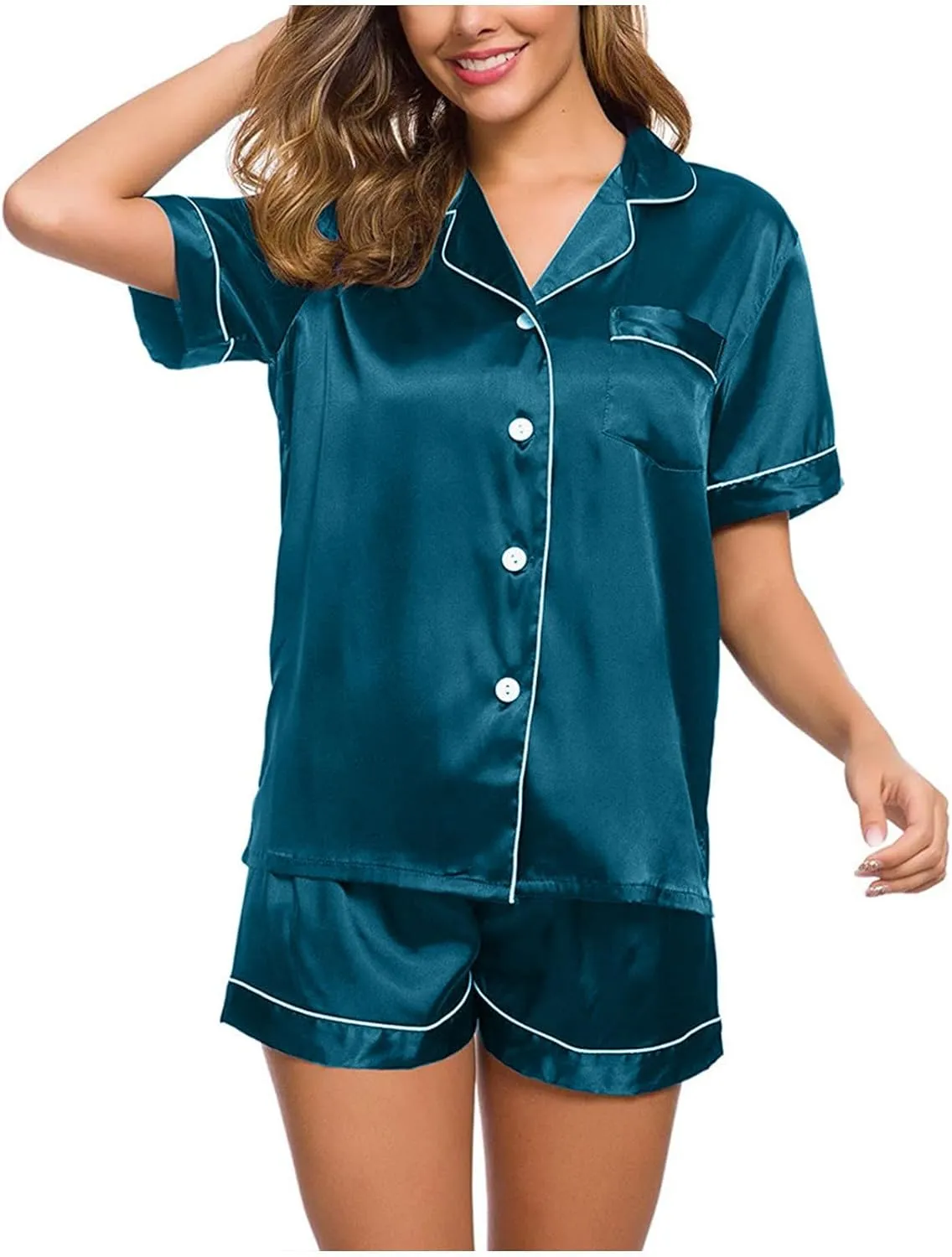 Women Satin Pajama Sets Soft Two Piece Top And Shorts Lounge Wear Set Short Sleeve Button Down Sleepwear Outfits