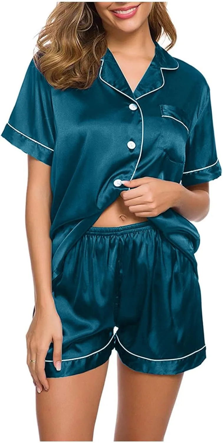 Women Satin Pajama Sets Soft Two Piece Top And Shorts Lounge Wear Set Short Sleeve Button Down Sleepwear Outfits