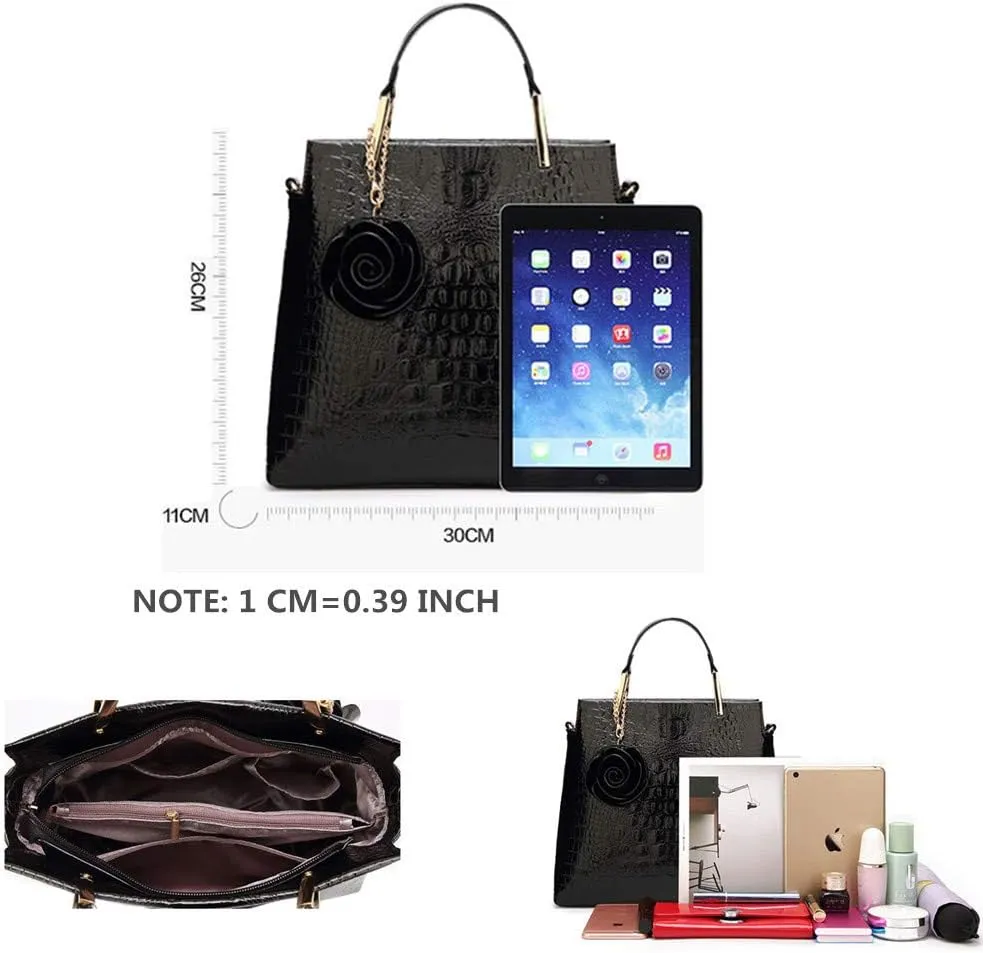 Women Tote Bag Purse Patent Leather HandBag Designer Crocodile Rose Top Handle Bag