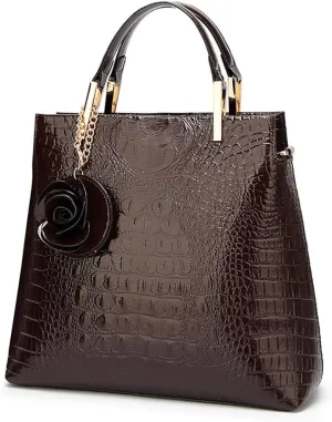 Women Tote Bag Purse Patent Leather HandBag Designer Crocodile Rose Top Handle Bag