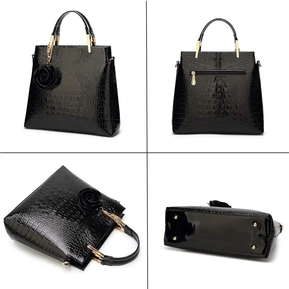 Women Tote Bag Purse Patent Leather HandBag Designer Crocodile Rose Top Handle Bag