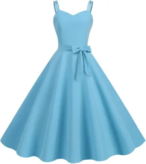 Women Vintage 1950s Rockabilly Sleeveless Spaghetti Strap Audrey Dress Retro Evening Cocktail Swing Dresses with Belt