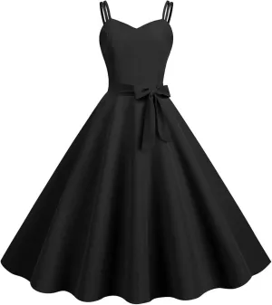 Women Vintage 1950s Rockabilly Sleeveless Spaghetti Strap Audrey Dress Retro Evening Cocktail Swing Dresses with Belt